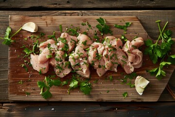 Wall Mural - A wooden cutting board holds freshly cut chicken meat garnished with vibrant green parsley leaves
