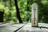 Fototapeta Kwiaty - Termometr wskazujący wysoką temperaturę ustawiony na drewnianym stole na tle zieleni lasu.