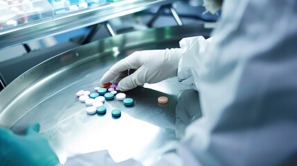 Wall Mural - Pharmaceutical technician inspecting pill color and size, close-up, sterile environment, clear focus. 