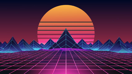 Wall Mural - Vibrant Retro-Futuristic Landscape with Neon Grid and Mountains