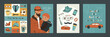 Happy father's day, set of vector postcards. Illustrations of dad with child, items of clothing,men's accessories, car. Cute fun design for greeting cards, promotional materials and other