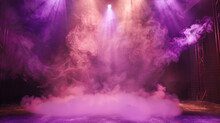 A Stage Enveloped In Soft Taupe Smoke Under A Bright Purple Spotlight, Casting A Subtle, Elegant Glow.
