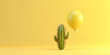 Yello balloon tied to a cactus against a clear blue sky minimalist and surreal, Cactus that will soon burst the balloon. 