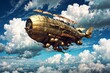 A large, ornate, gold-colored airplane is flying through a cloudy sky