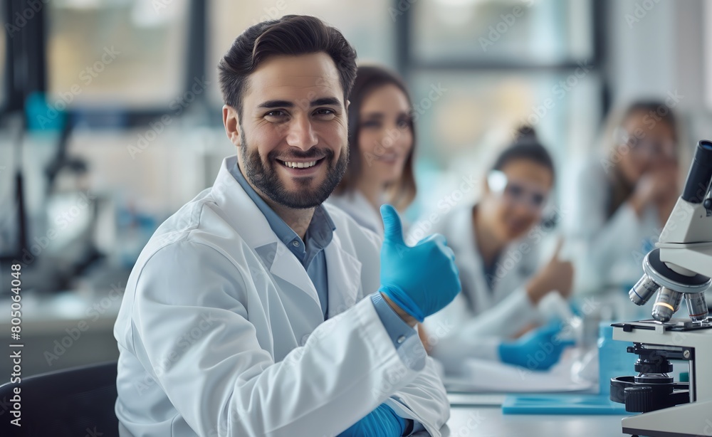 Smiling male scientist wearing a white lab coat and blue gloves is ...