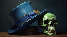 A Skull With A Blue Hat And A Green Hat 