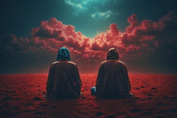 Wall Mural - Two people are sitting on a red field with a cloudy sky above them