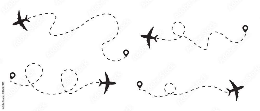 Airplane Plane routes line set. Planes dotted flight pathway. Plane ...