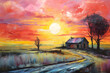 © Niko - mystical sunset nestled in farmhouse, abstract landscape art, painting background, wallpaper