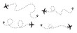 Airplane Plane routes line set. Planes dotted flight pathway. Plane paths. Aircraft tracking, planes, travel, map pins, location pins .start point line trace and plane routes.