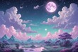 A beautiful, serene landscape with a large purple moon in the sky