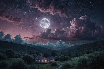 Wall Mural - A large moon is shining in the sky above a small house and a forest