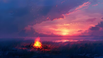 Wall Mural - A bonfire in the meadow illustration