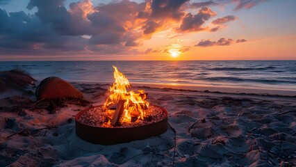 Wall Mural -  A fire pit on a beach with sunset background
