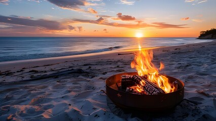 Poster -  A fire pit on a beach with sunset background