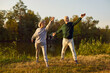 © Studio Romantic - Senior sporty couple doing sport exercising in nature. Happy smiling elderly man and woman in sportswear having workout in the park. Outdoors training and fitness in retirement concept.