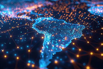 Abstract digital map of South America, concept of global network and connectivity, international data transfer and cyber technology, worldwide business, information exchange and telecommunication