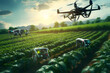 © trompinex - A smart farm with robotic drones monitoring crops in a vast field.