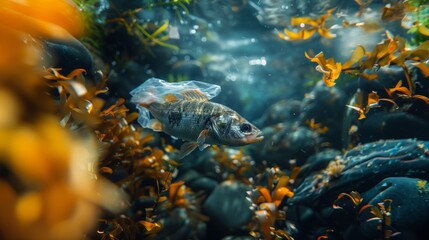 Wall Mural - Underwater Shot of Fish Trapped in Plastic Bag Amongst Vibrant Seaweed