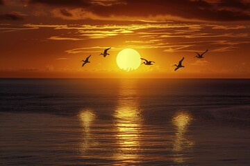 Wall Mural - Sunrise Sunset Sun Sunny Ocean. A golden sunrise that could also be a sunset over the ocean with pelicans flying by. .