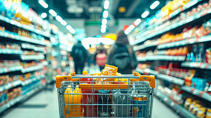 Grocery cart in a supermarket with goods on racks.