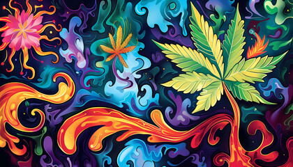 Wall Mural - abstract surreal colorful psychedelic background with a marijuana or marihuana leaf, weed, psychoactive drug, wallpaper art