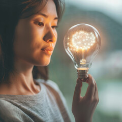 Close-up of a woman contemplating a glowing lightbulb, symbolizing thought and innovation.