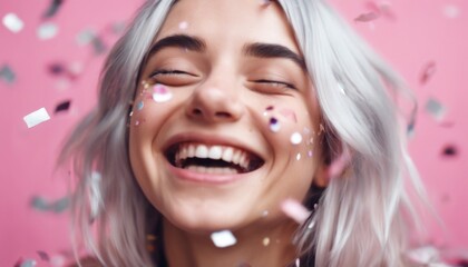 'silver woman gives emotion smile hair pink Girl Young teen confetti Funny background. fashion party face holiday people happiness glistering carnival beauty fun excited luxur'