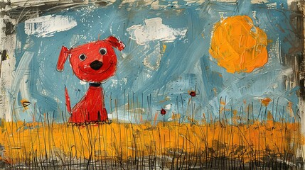 Wall Mural -   Red dog in field with blue sky, sun, and grass