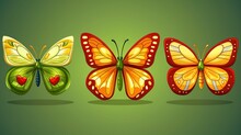   Three Butterflies On A Green Background With A Red Heart In The Center And A Yellow Butterfly With A Red Heart In The Center