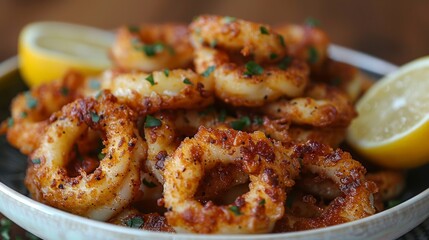 Poster - Get close-up shots of a plate of crispy calamari, featuring golden-brown breading, tender squid, and a squeeze of lemon.