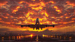 Commercial Airplane Taking Off from Runway Against Dramatic Fiery Sunset Sky