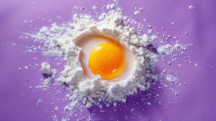 Poster -   An egg in flour bowl, purple background, white flakes