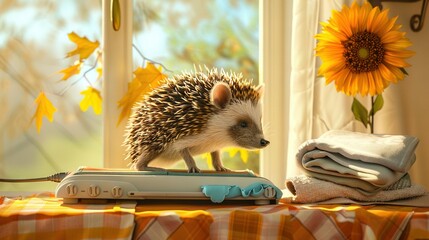 Wall Mural -   Hedgehog perched on laptop near blankets & sunflower