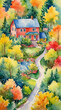 Aerial view of cute cottage surrounded by colorful foliage in autumn, vertical watercolor painting style, generative AI.