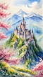 Beautiful castle on the top of mountain surrounded by flowers blossom, vertical watercolor painting style, generative AI.