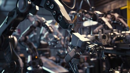 Canvas Print - Factory floor with robotic assembly line, close view of mechanical arms, sharp focus, industrial lighting. 