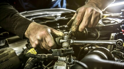 Canvas Print - Auto mechanic tightening bolts on an engine, close-up, tools in hand, clear focus, garage lighting. 