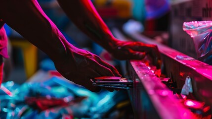 Canvas Print - Worker sorting through parts on a conveyor belt, close-up on hands and objects, vibrant color, focused light. 