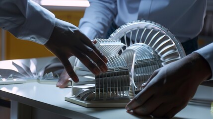 Engineer inspecting a turbine model, close view of hands and model, high detail, industrial lighting.