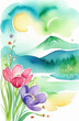 spring landscape of green field with flowers and mountains in background, watercolor illustration.
