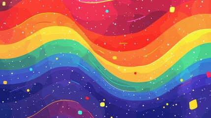 A vibrant rainbow backdrop adorned with shimmering stars and colorful confetti