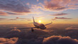 Serene Aerial View of a Commercial Airplane Flying at Sunset Above the Clouds