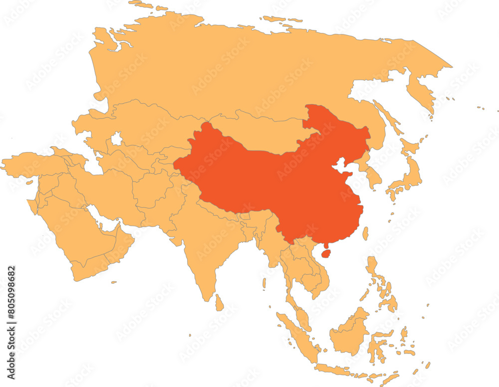 Highlighted red map of CHINA inside orange detailed political map of ...