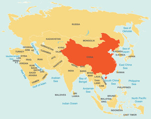  Highlighted red map of CHINA inside orange detailed tagged map of Asia using orthographic projection on blue background
