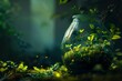 Peer into an ancient glass vessel, a relic from forgotten times. Inside, a miniature rainforest thrives--a lush world compressed into a confined space. The glass is veiled in rising mist, obscuring th