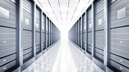 Wall Mural - Network servers in a row in the room. 3D illustration