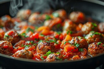 Wall Mural - Close-up of juicy vegan meatballs in tomato sauce with parsley, Concept of modern vegetarian cooking and comfort food