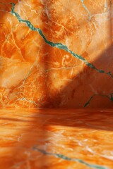 Poster - orange marble with green veins, shadows on the walls, Abstract background for product photography