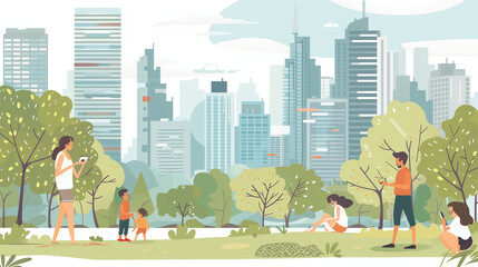 An illustration depicts a couple enjoying nature in the park, with one person reading on their phone and the other playing with children. Tall buildings from an urban cityscape stand in front of them.